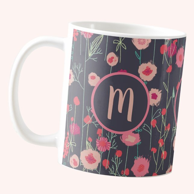 Monogram Floral Dark Coffee Mug (Boho floral pink and charcoal gray monogram personalize coffee mug)