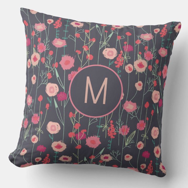 Monogram Floral Dark Cushion (Monogram initial personalized dark floral wildflower throw pillow)