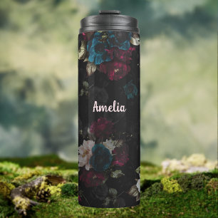 Monogram Floral Dark Turquoise Red Bloom Thermal Tumbler