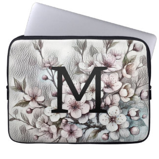 Monogram floral drawing pink cherry blossom  laptop sleeve