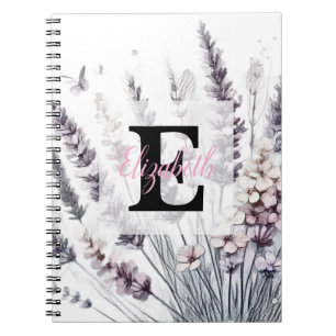 Monogram floral drawing pink cherry blossom notebook