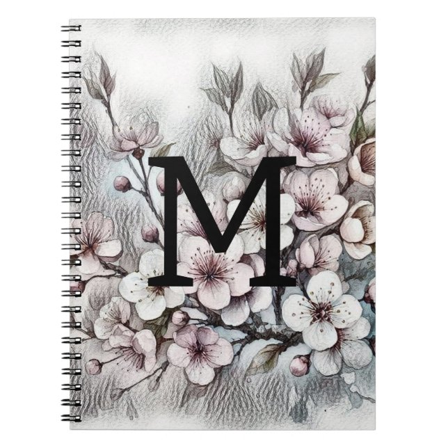 Monogram floral drawing pink cherry blossom  notebook (Front)