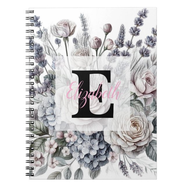 Monogram floral drawing pink cherry blossom  notebook (Front)
