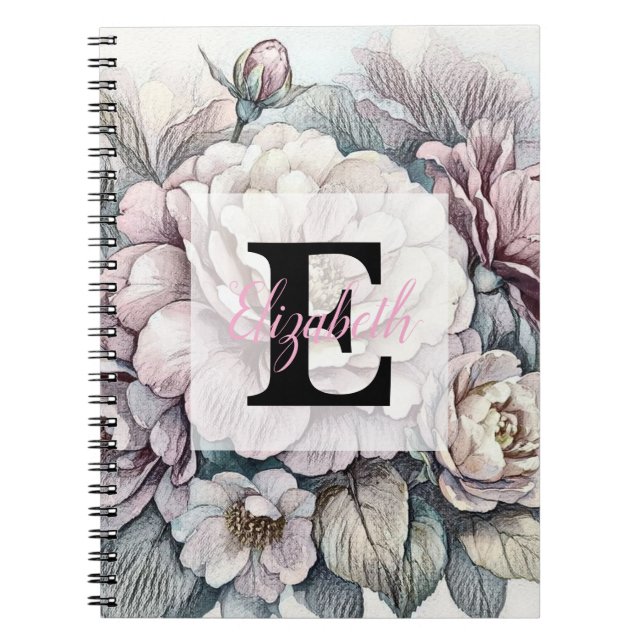 Monogram floral drawing pink cherry blossom  notebook (Front)