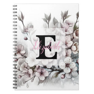 Monogram floral drawing pink cherry blossom notebook