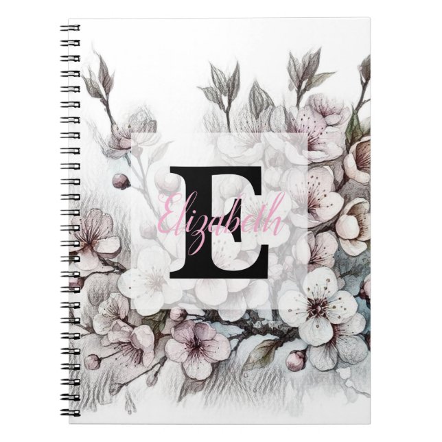 Monogram floral drawing pink cherry blossom  notebook (Front)
