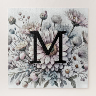 Monogram floral drawing pink gerbera daisies  jigsaw puzzle