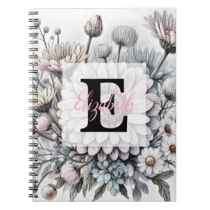Monogram floral drawing pink gerbera daisies notebook