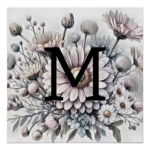 Monogram floral drawing pink gerbera daisies poster