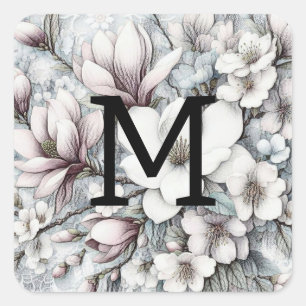 Monogram floral drawing pink magnolias flowers square sticker