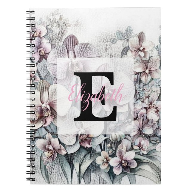 Monogram floral drawing pink orchid flowers  notebook (Front)