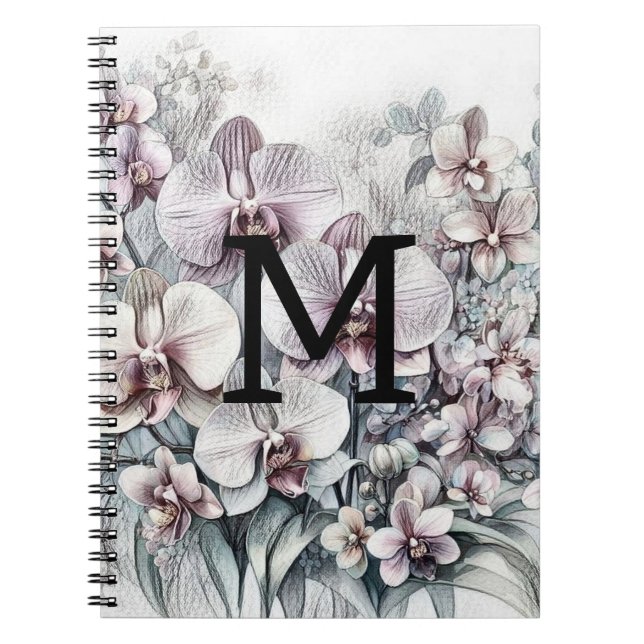 Monogram floral drawing pink orchid flowers  notebook (Front)