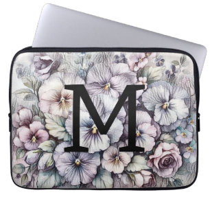 Monogram floral drawing pink pansies flowers  laptop sleeve