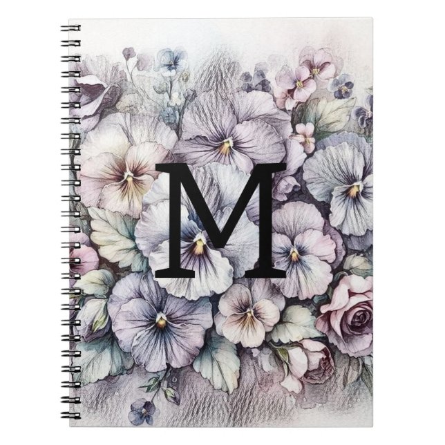 Monogram floral drawing pink pansies flowers  notebook (Front)