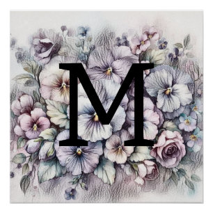 Monogram floral drawing pink pansies flowers poster