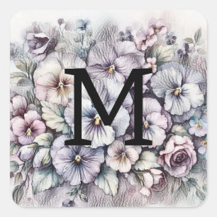 Monogram floral drawing pink pansies flowers square sticker