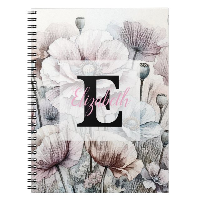 Monogram floral drawing pink pastel poppy flowers  notebook (Front)