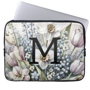 Monogram floral drawing pink tulips daffodils laptop sleeve