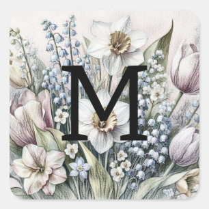 Monogram floral drawing pink tulips daffodils square sticker