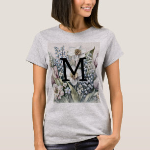 Monogram floral drawing pink tulips daffodils T-Shirt