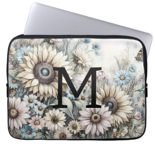 Monogram floral drawing pink yellow sunflowers laptop sleeve