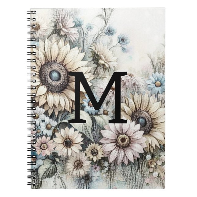 Monogram floral drawing pink yellow sunflowers notebook (Front)