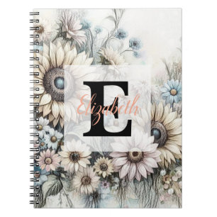 Monogram floral drawing pink yellow sunflowers notebook
