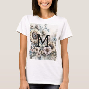 Monogram floral drawing pink yellow sunflowers T-Shirt