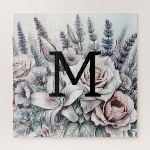 Monogram floral drawing roses lavender lilies  jigsaw puzzle