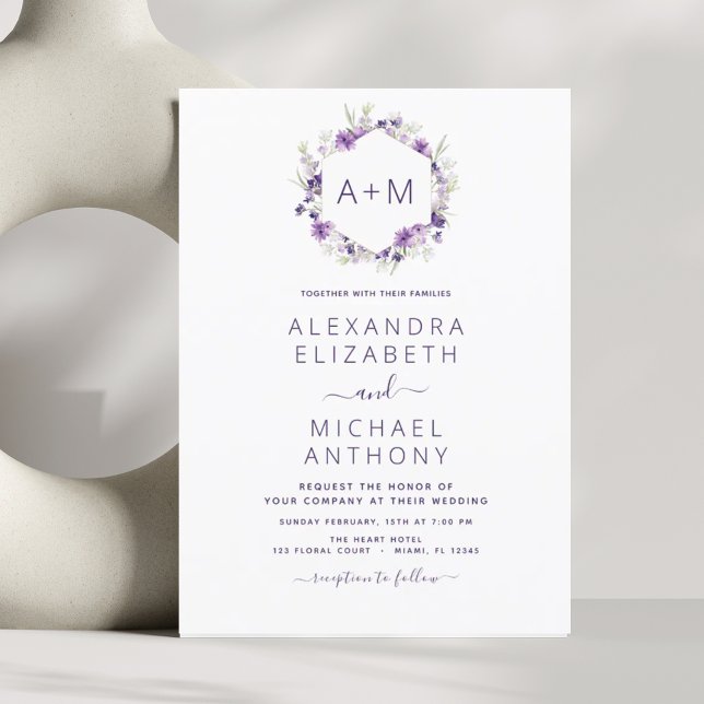 Monogram Floral Dusty Purple Greenery Wedding Invitation (Creator Uploaded)