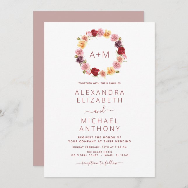 Monogram Floral Dusty Rose Pink Wedding Invitation (Front/Back)