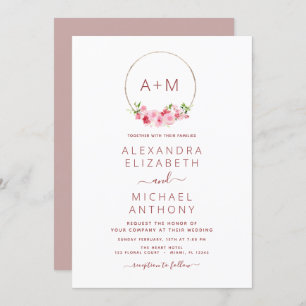 Monogram Floral Dusty Rose Pink Wedding Invitation