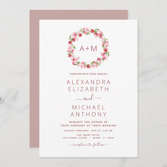 Monogram Floral Dusty Rose Pink Wedding Invitation (Front/Back)