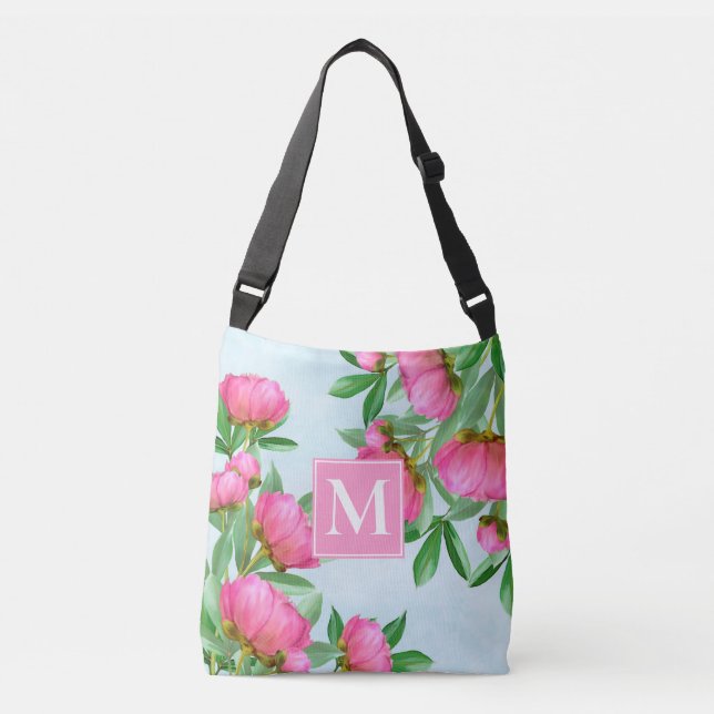 Monogram Floral Elegant Pink Peonies Simple Garden Crossbody Bag (Front)
