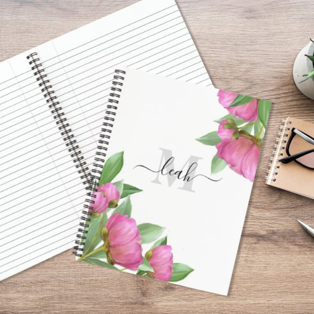Monogram Floral Elegant Pretty Pink Peony Flower Notebook (Creator Uploaded)
