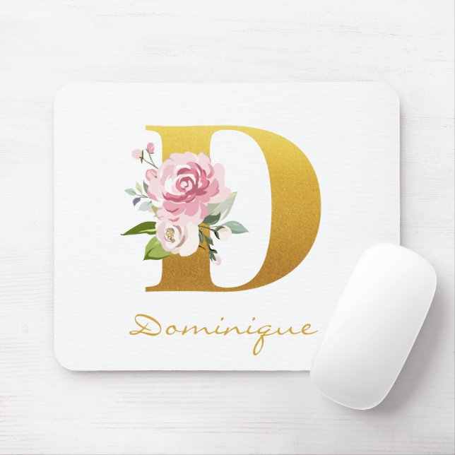 Monogram Floral Faux Gold Name Initial Personalise Mouse Pad (With Mouse)