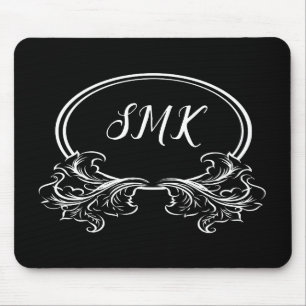 Monogram Floral Frame Black and White Mouse Pad