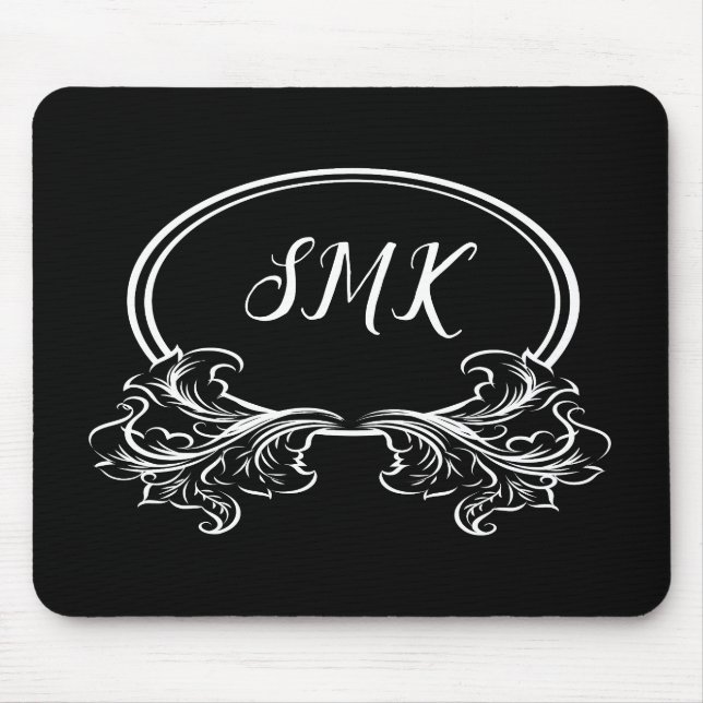 Monogram Floral Frame Black and White Mouse Pad (Front)