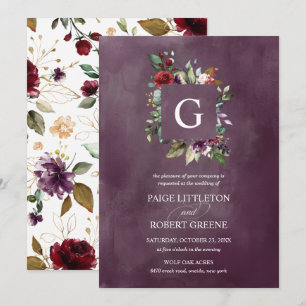 Monogram Floral Frame in Red, Blush Wedding Invitation