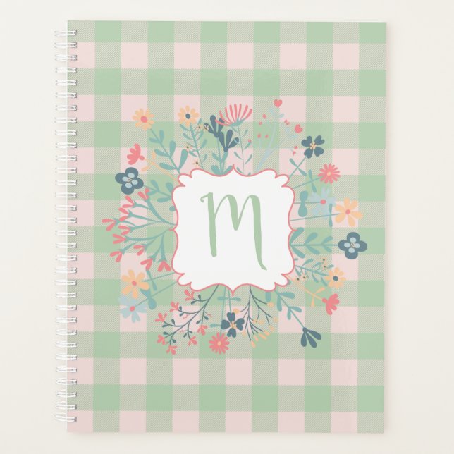 Monogram Floral Frame | Spring Green Buffalo Plaid Planner (Front)