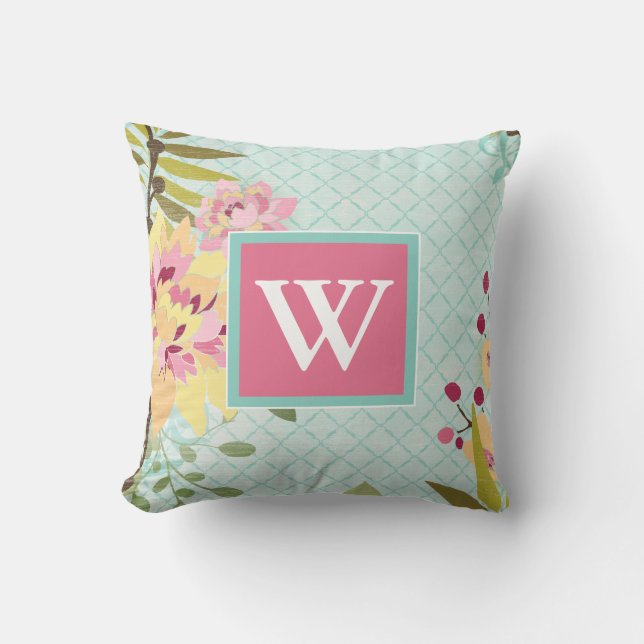 Monogram | Floral Garden, Blue Background Cushion (Front)