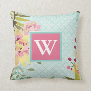 Monogram   Floral Garden, Blue Background Cushion