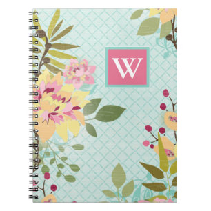 Monogram Floral Garden, Blue Background Notebook