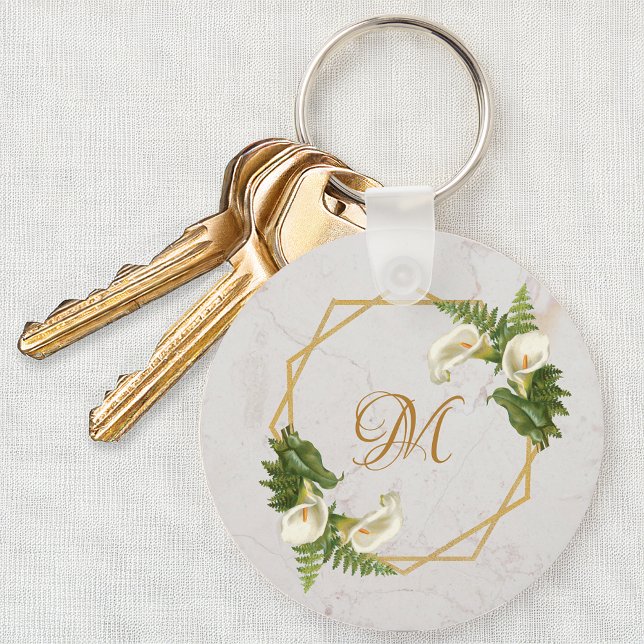 Monogram Floral Gold Marble Calla Lilies Initial Key Ring (Creator Uploaded)