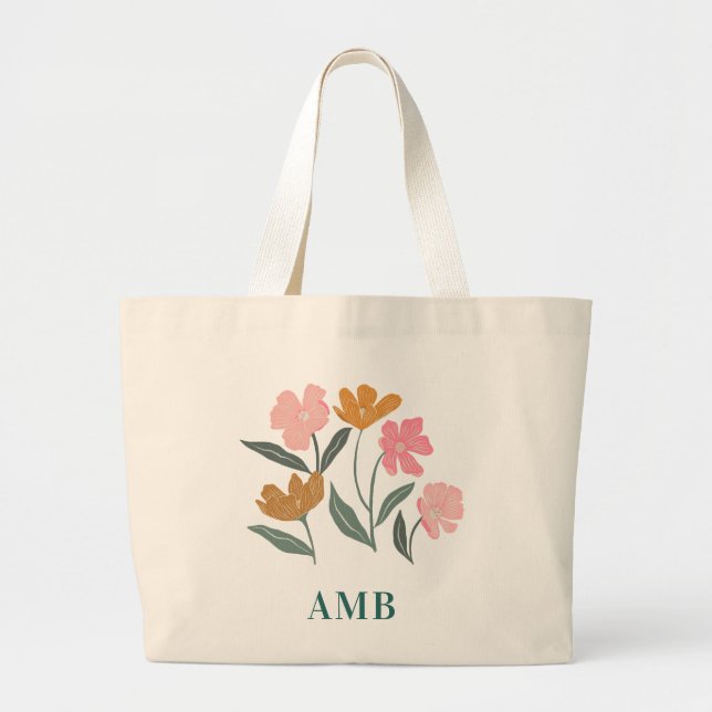 Monogram Floral Illustrated Botanical Bridesmaid Large Tote Bag (Front)