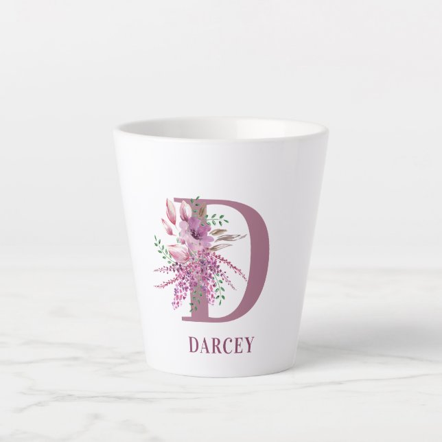 Monogram Floral Initial Lilac and Lavender Flowers Latte Mug (Front)