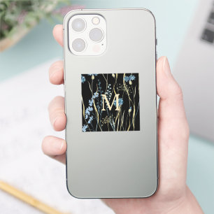 Monogram Floral Light Blue & Gold on Black