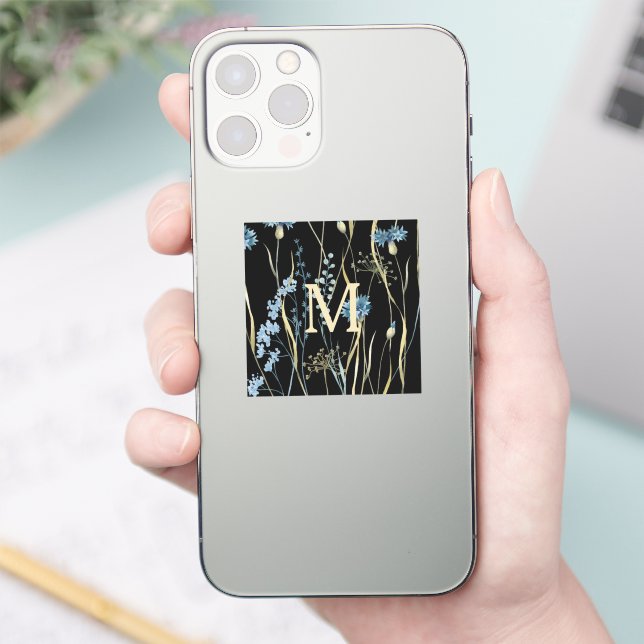 Monogram Floral Light Blue & Gold on Black (Phone)