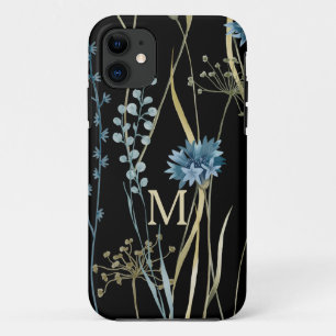 Monogram Floral Light Blue & Gold on Black iPhone 11 Case