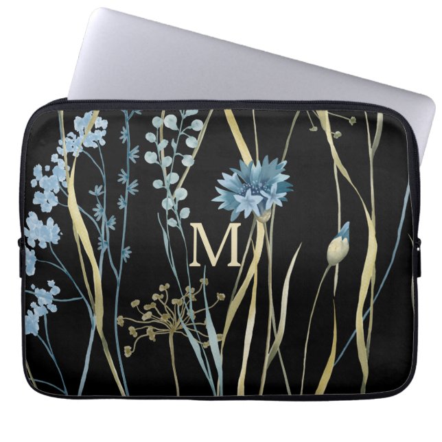 Monogram Floral Light Blue & Gold on Black Laptop Sleeve (Front)